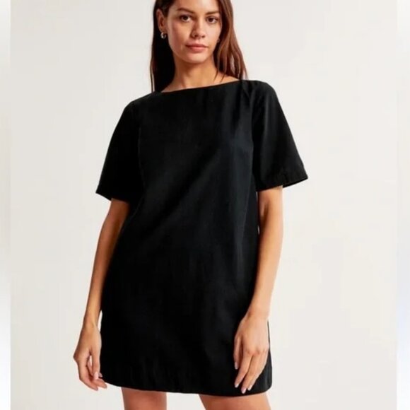 A&F Linen Blend Short Sleeve Mini Dress Black - Picture 1 of 6